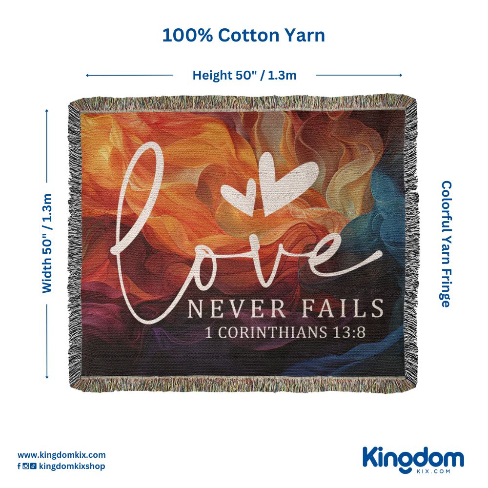 Love never fails - 1 Corinthians 13:8 Woven Heirloom Blanket