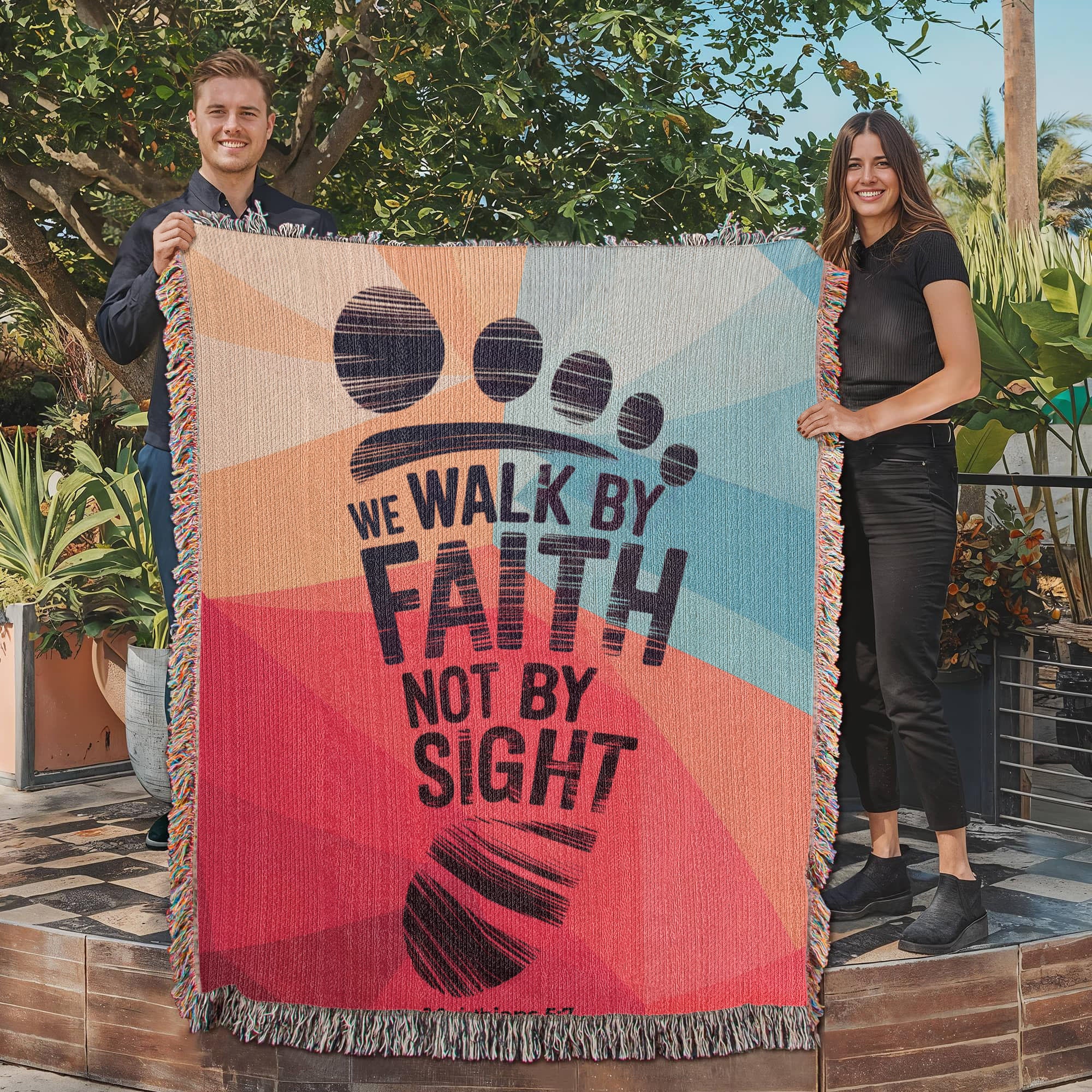 We walk by faith -  2 Corinthians 5:7 Woven Heirloom Blanket