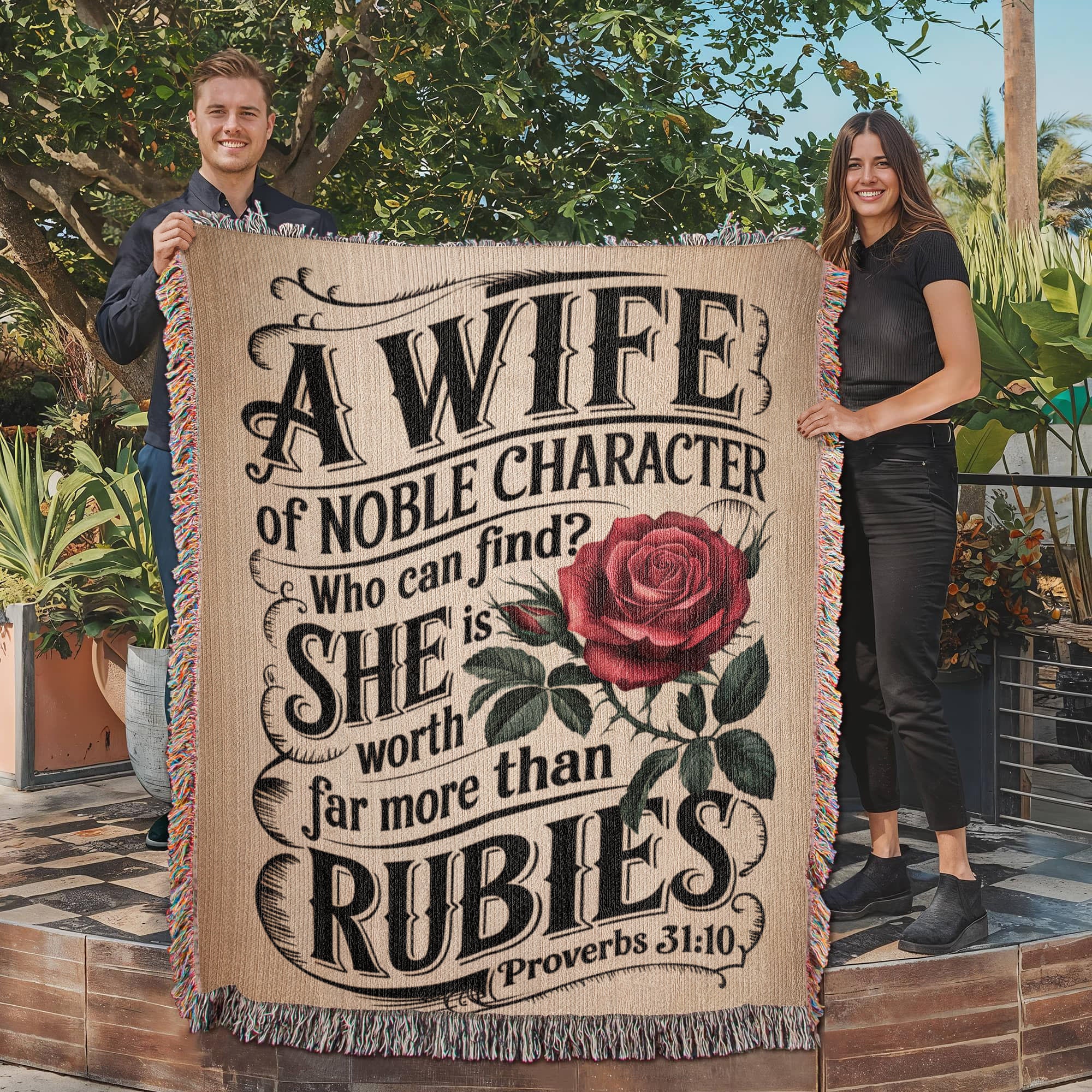 A wife of noble character - Proverbs 31:10 Woven Heirloom Blanket