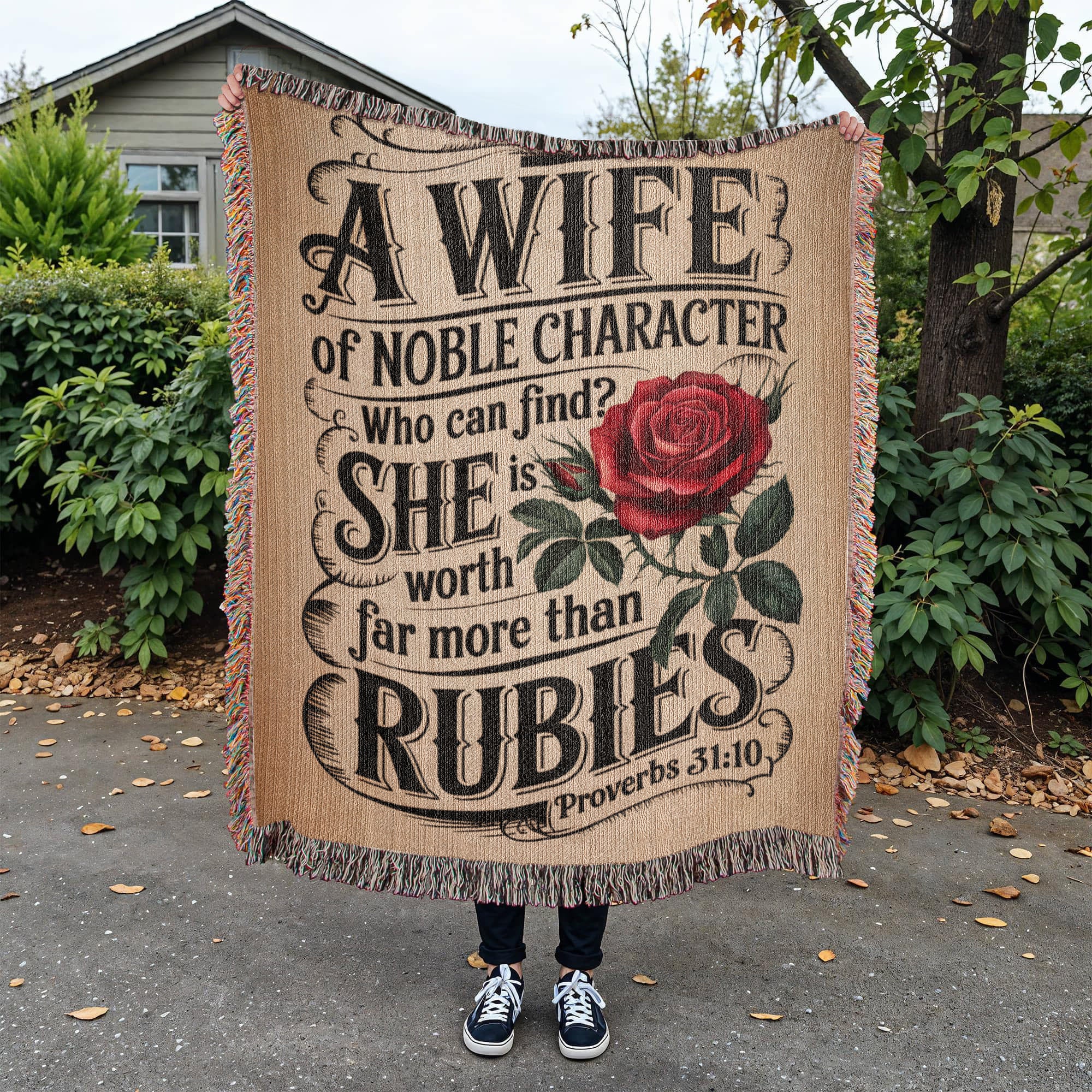 A wife of noble character - Proverbs 31:10 Woven Heirloom Blanket