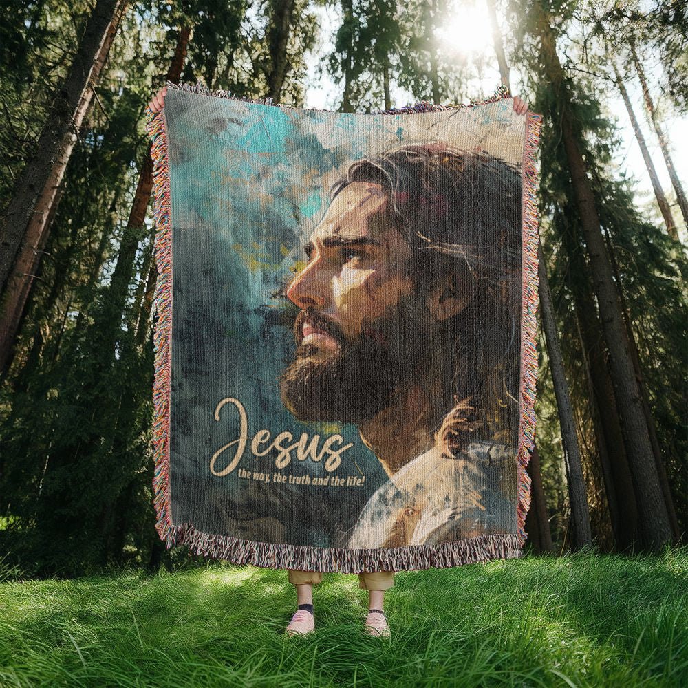 Jesus portrait, the way, truth and life Woven Heirloom Blanket