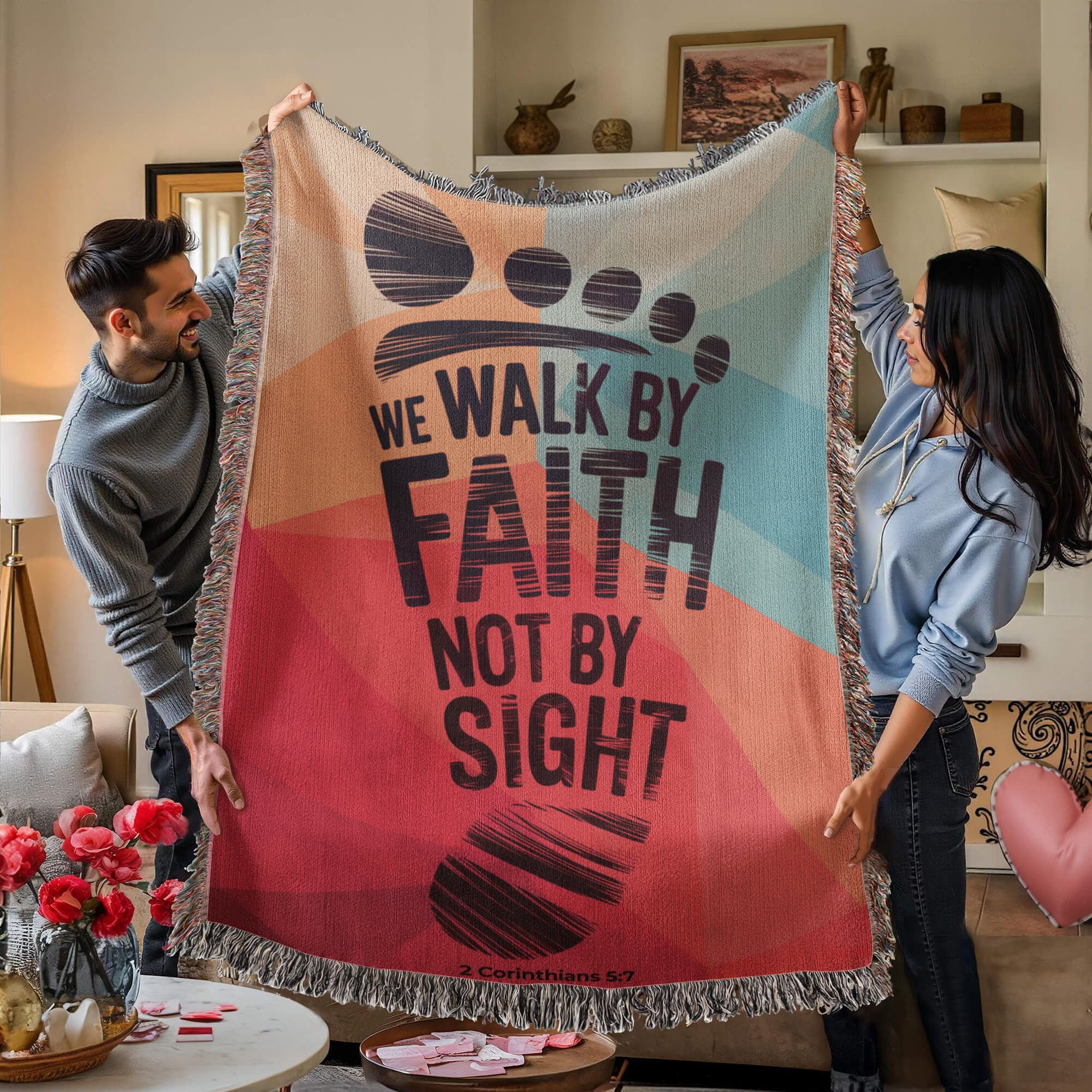 We walk by faith -  2 Corinthians 5:7 Woven Heirloom Blanket