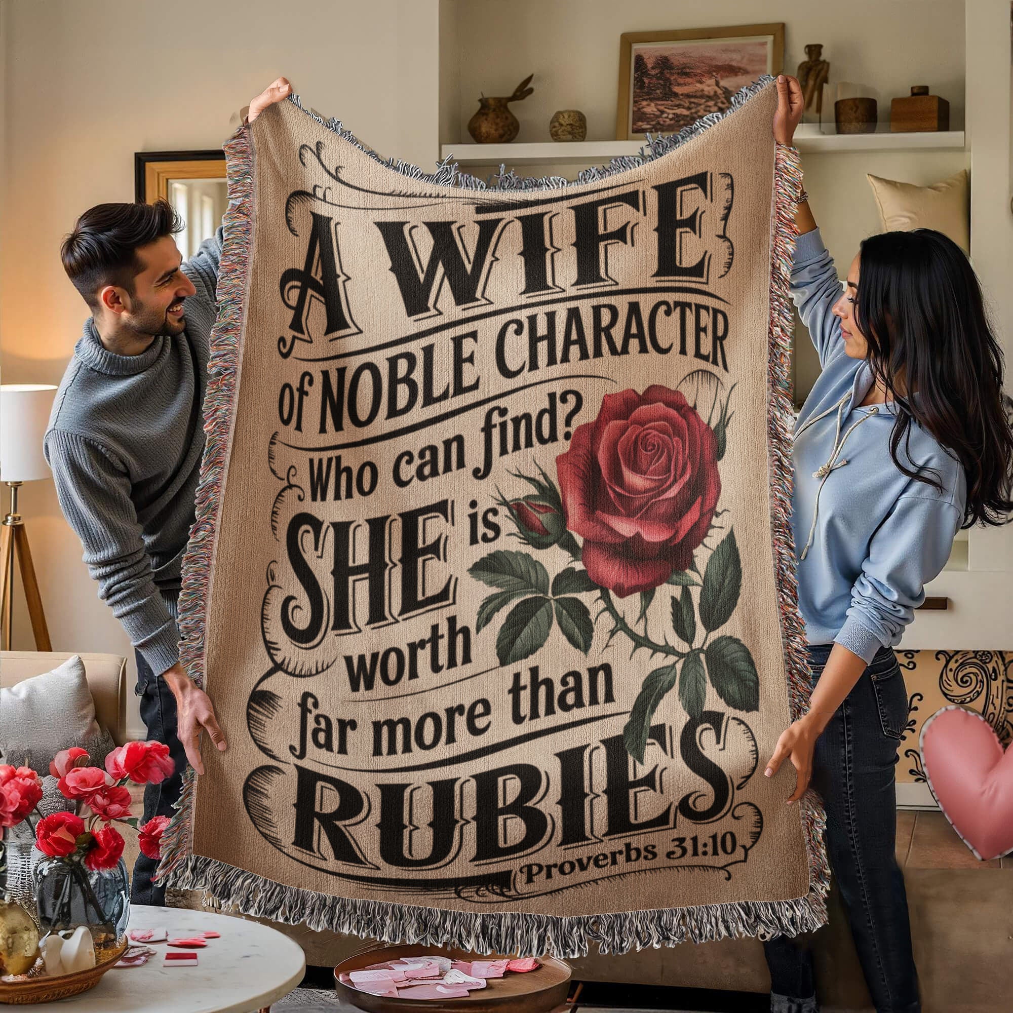 A wife of noble character - Proverbs 31:10 Woven Heirloom Blanket