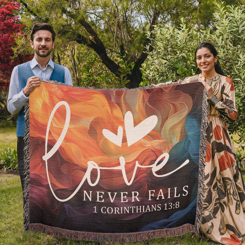 Love never fails - 1 Corinthians 13:8 Woven Heirloom Blanket