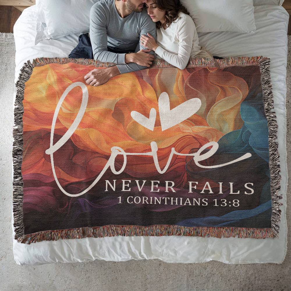 Love never fails - 1 Corinthians 13:8 Woven Heirloom Blanket