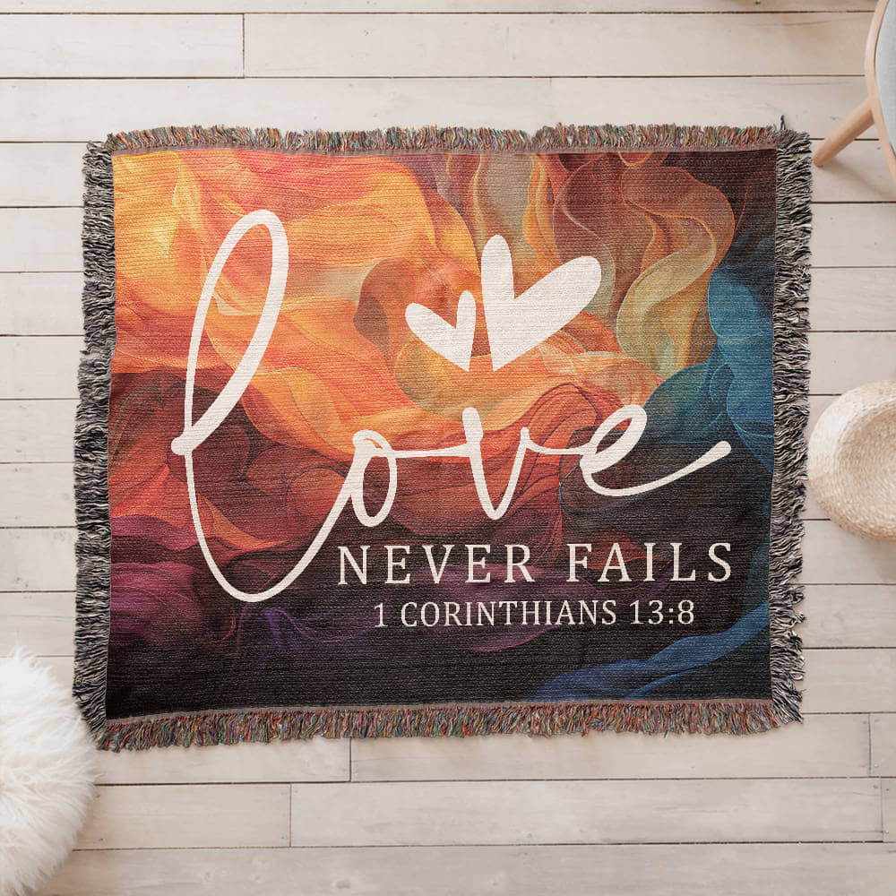 Love never fails - 1 Corinthians 13:8 Woven Heirloom Blanket