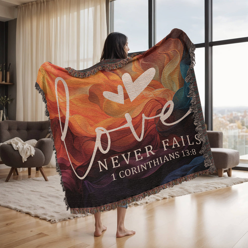 Love never fails - 1 Corinthians 13:8 Woven Heirloom Blanket